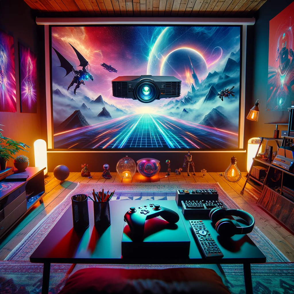 A vibrant and immersive gaming setup featuring a high-end video projector casting dynamic video game graphics onto a large screen