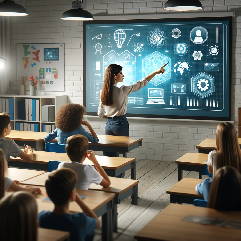 A dedicated teacher pointing towards educational content displayed on a large screen through a video projector in a well-lit classroom